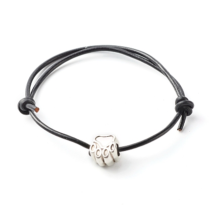 Paw Print European Beads Bracelet for Teen Girl Women, Adjustable Cowhide Leather Cord Bracelet, Antique Silver