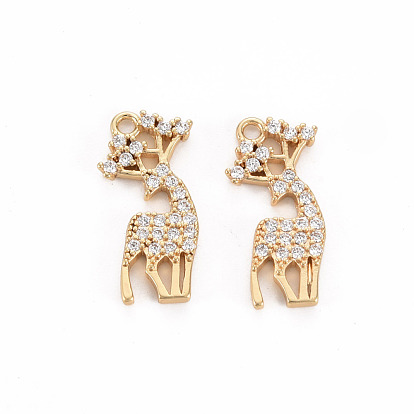 Brass Micro Pave Clear Cubic Zirconia Pendants, Nickel Free, Reindeer