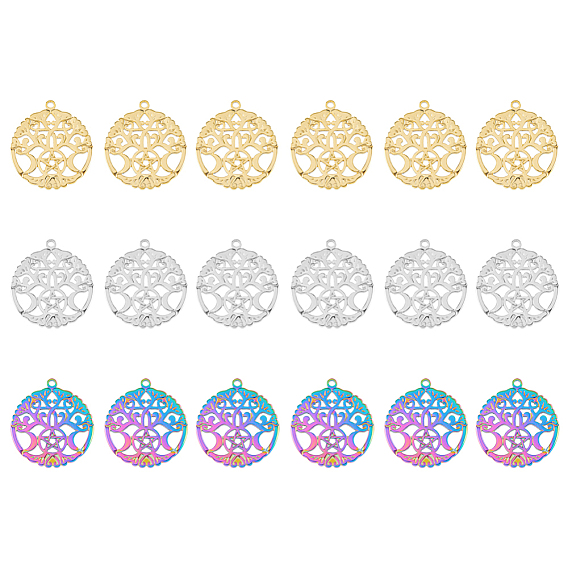 18 шт. 3 цвета 304 подвески из нержавеющей стали, плоский круглый с лунным и звездным деревом