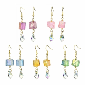 Dyed Natural Quartz & Glass Teardrop Dangle Earrings, with Real 18K Gold Plated 304 Stainless Steel Earring Pins