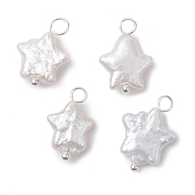 Natural Nucleated Baroque Keshi Pearl Pendants, Star Charms, with Silver Color Plated Brass Loops