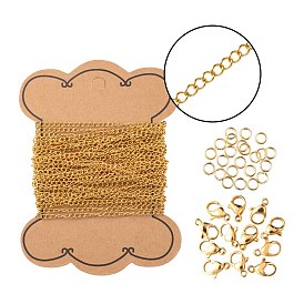 Kits de fabrication de bijoux diy, 5m placage sous vide 304 chaînes gourmettes d'extension en acier inoxydable, 50 pcs 304 anneaux de saut ouverts en acier inoxydable et 30 fermoirs pinces de homard