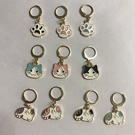 Marqueurs de points pendants en alliage d'émail, breloques créoles à levier au crochet, marqueur de point de verrouillage avec anneau de charme de verre de vin, empreinte de patte de chat/tête de chat/chat