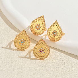 Brass Micro Pave Cubic Zirconia Finger Rings for Women, Teardrop, Golden