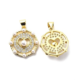 Brass Clear Cubic Zirconia Pendants, with ABS Plastic Imitation Pearl, Flat Round with Heart Charm
