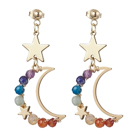 7 Chakra Gemstone Dangle Stud Earrings, Moon & Star 304 Stainless Steel Earrings for Women