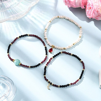 3 шт. 3 стили наборы длинных браслетов из натурального культивированного пресноводного жемчуга, черного оникса, граната и амазонита, с латунным микропрофилированием кубических циркониевых прелестей