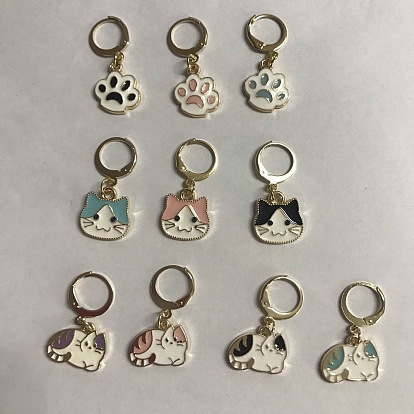 Marqueurs de points pendants en alliage d'émail, breloques créoles à levier au crochet, marqueur de point de verrouillage avec anneau de charme de verre de vin, empreinte de patte de chat/tête de chat/chat
