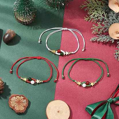 3Pcs Christmas Themed Glass Seed Beads Braided Bead Bracelets for Women, with Brass Beads & TaiWan Jade & Malaysia Jade Carnelian Beads