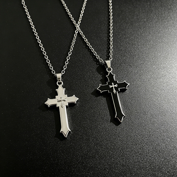 Alloy Acrylic Religion Cross Pendant Necklaces, Platinum