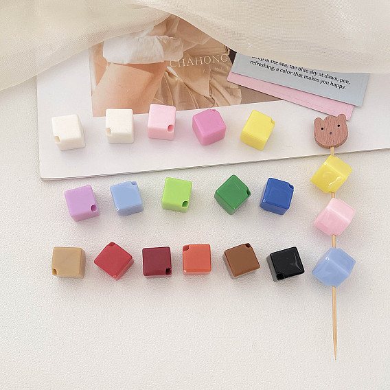 Perles européennes opaques acrylique, Perles avec un grand trou   , cube