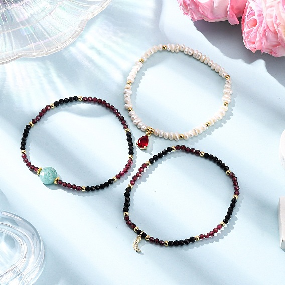 3 шт. 3 стили наборы длинных браслетов из натурального культивированного пресноводного жемчуга, черного оникса, граната и амазонита, с латунным микропрофилированием кубических циркониевых прелестей