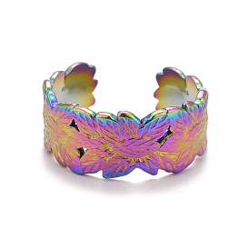 Rainbow Color Ion Plating(IP) 304 Stainless Steel Leaf Open Cuff Ring for Women