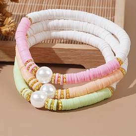 3 Stück 3 Farben Polymer Clay Perlen-Stretch-Armbandsets mit runden Imitationsperlen für Damen, verstellbare stapelbare Armbänder