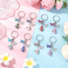 8шт. стеклянные жемчужины брелки, с подвесками из сплава и железными кольцами для ключей, ангел с бабочкой, платина