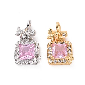 Brass Micro Pave Clear Cubic Zirconia Charms, with Pearl Pink Glass, Perfume Bottle with Butterfly