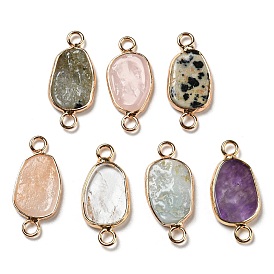 Natural Mixed Stone Connector Charms, Oval Links with Golden Plated Brass Frame