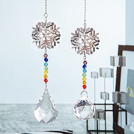 Metal Snowflake Pendant Decorations, Glass Round/Teardrop Tassel for Garden & Home Decoration