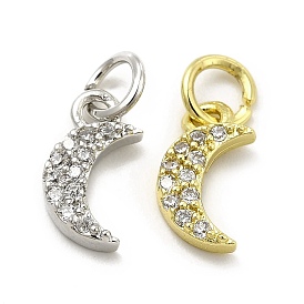 Brass Micro Pave Cubic Zirconia Charms, with Jump Ring, Moon Charm