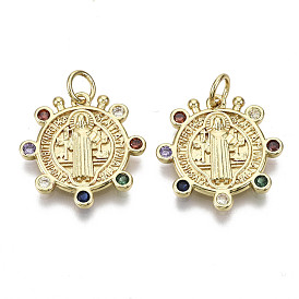 Brass Micro Pave Cubic Zirconia Pendants, with Jump Ring, Nickel Free, Flat Round with Saint Benedict, Colorful