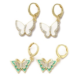 Butterfly Real 18K Gold Plated Brass Dangle Leverback Earrings, with Cubic Zirconia and Enamel