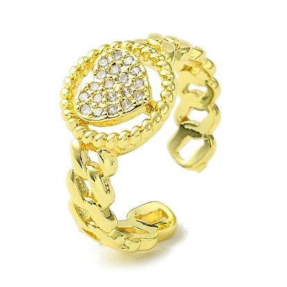 Brass Micro Pave Cubic Zirconia Open Cuff Rings, Cadmium Free & Lead Free, Hollow Heart