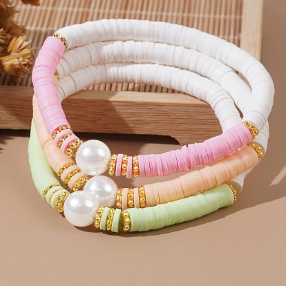 3 Stück 3 Farben Polymer Clay Perlen-Stretch-Armbandsets mit runden Imitationsperlen für Damen, verstellbare stapelbare Armbänder