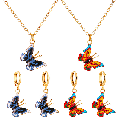Комплект украшений в виде бабочки из легкого золотого сплава, 2 шт. 2 цветные эмалевые подвески-кольца и 2 пары 2 цветные серьги-кольца