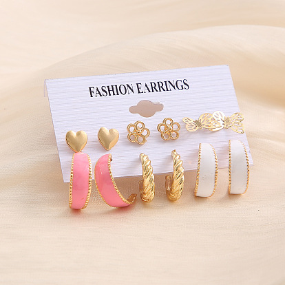 Vintage 6-Piece Pink Earring Set with Creative C-Shaped Butterfly Design and Oil Drip Effect
