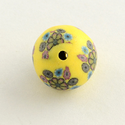 Ручной Цветочный узор полимерной глины бусы, круглые, 13~14 мм, отверстие : 1~2 мм