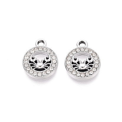 Alloy Rhinestone Charms, Platinum Tone Flat Round with Crab