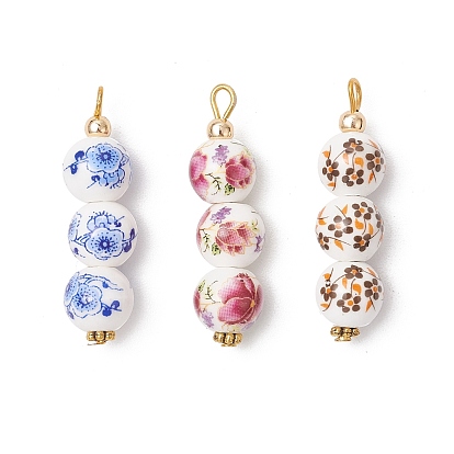 3шт. фарфоровые керамические подвески ручной работы с цветочным принтом, цветок, с тибетским стилем сплава и латуни
