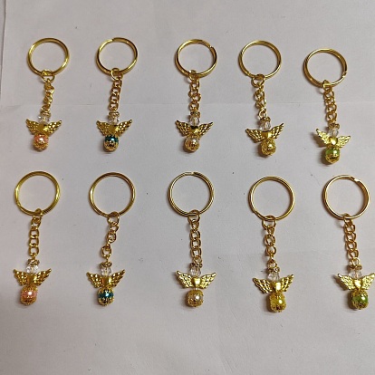 10 piezas 10 aleación de estilo tibetano de color angeltee con llaveros de abalorios de perlas de imitación de plástico abs, con llaveros partidos de hierro dorado