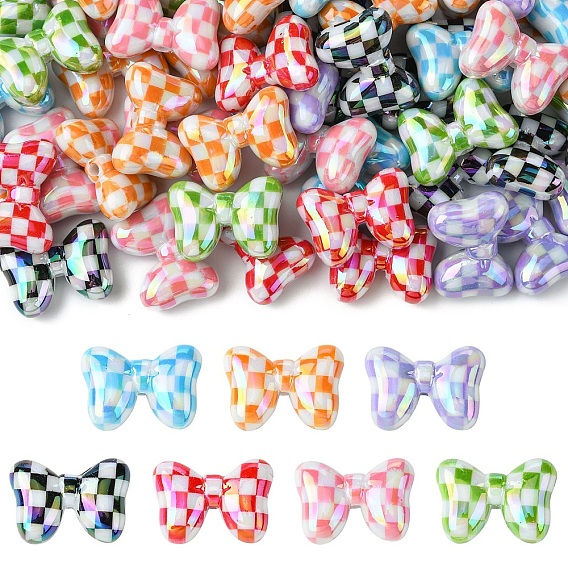 Непрозрачные акриловые бусины с УФ-покрытием, радужный, бант с клетчатым узором