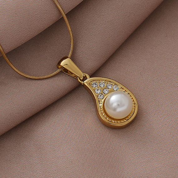 304 ожерелья из нержавеющей стали с искусственным жемчугом и прозрачным стеклом в форме капли, белые