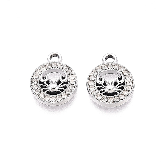 Alloy Rhinestone Charms, Platinum Tone Flat Round with Crab