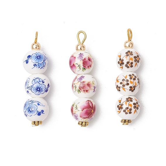 3шт. фарфоровые керамические подвески ручной работы с цветочным принтом, цветок, с тибетским стилем сплава и латуни