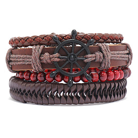 4Pcs 4 Style Natural Wood Beaded Stretch Bracelets Set, Adjustable PU Leather Stackable Bracelets with Alloy Helm Links