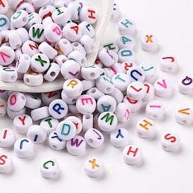 Opaque White Acrylic Beads, Flat Round with Mixed Color Letter