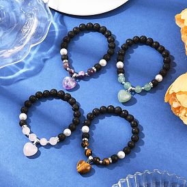 4Pcs Natural Mixed Gemstone Heart Charms Bracelets, Natural Lava Rock Beads Stretch Bracelets for Women