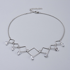304 Stainless Steel Necklaces, with Cubic Zirconia Charms, Rhombus Linking Rings, Cable Chains & Lobster Claw Clasps