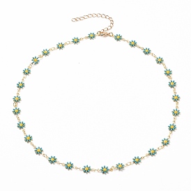 Золотые латунные ожерелья с эмалью и цветами, с латунными цепочками и застежками-клешнями
