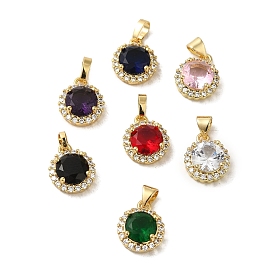 Brass Micro Pave Cubic Zirconia Pendants, with Glass, Real 18K Gold Plated, Round