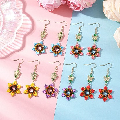 Серьги-подвески из стеклянных бусинок и бусин., цветок с бабочкой, с тигровым глазом и 304 фурнитурой для сережек из нержавеющей стали, золотые