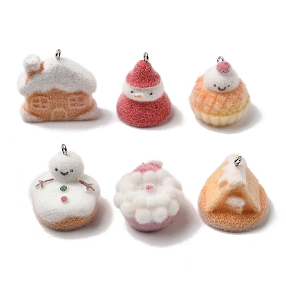 Рождественские подвески из непрозрачной смолы с эффектом флокирования, с платиновыми тоновыми железными петлями