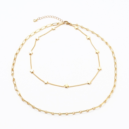 Brass Double Layer Necklaces, with Figaro Chains, Twisted Chains, Star Beads, Cubic Zirconia Charms and 304 Stainless Steel Lobster Claw Clasps