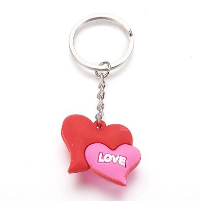 Zinc Alloy Keychain, with Enamel, Silicone, Iron Key Ring and Iron Chains, Heart with Love, For Valentine's Day, Platinum