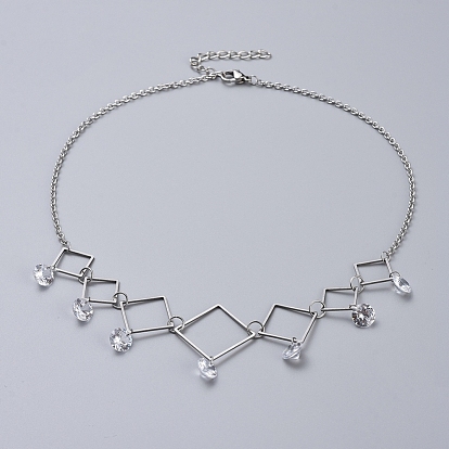 304 Stainless Steel Necklaces, with Cubic Zirconia Charms, Rhombus Linking Rings, Cable Chains & Lobster Claw Clasps