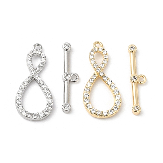 Brass Micro Pave Clear Cubic Zirconia Toggle Clasps, Cadmium Free & Nickel Free & Lead Free, Infinity