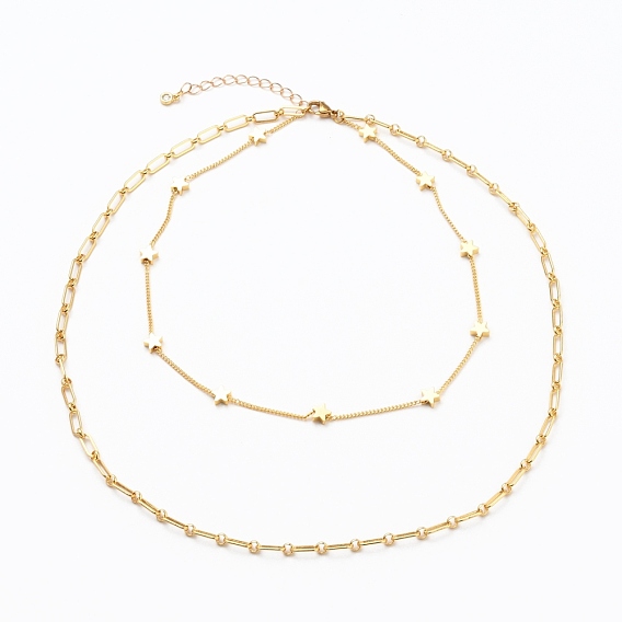 Brass Double Layer Necklaces, with Figaro Chains, Twisted Chains, Star Beads, Cubic Zirconia Charms and 304 Stainless Steel Lobster Claw Clasps